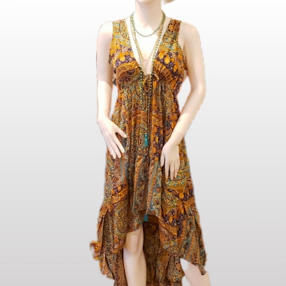 Karma Highway*2 Prints Avail* Silky Hi-Lo Ruffle Hem Sangria Dress OS NEW - Picture 1 of 6